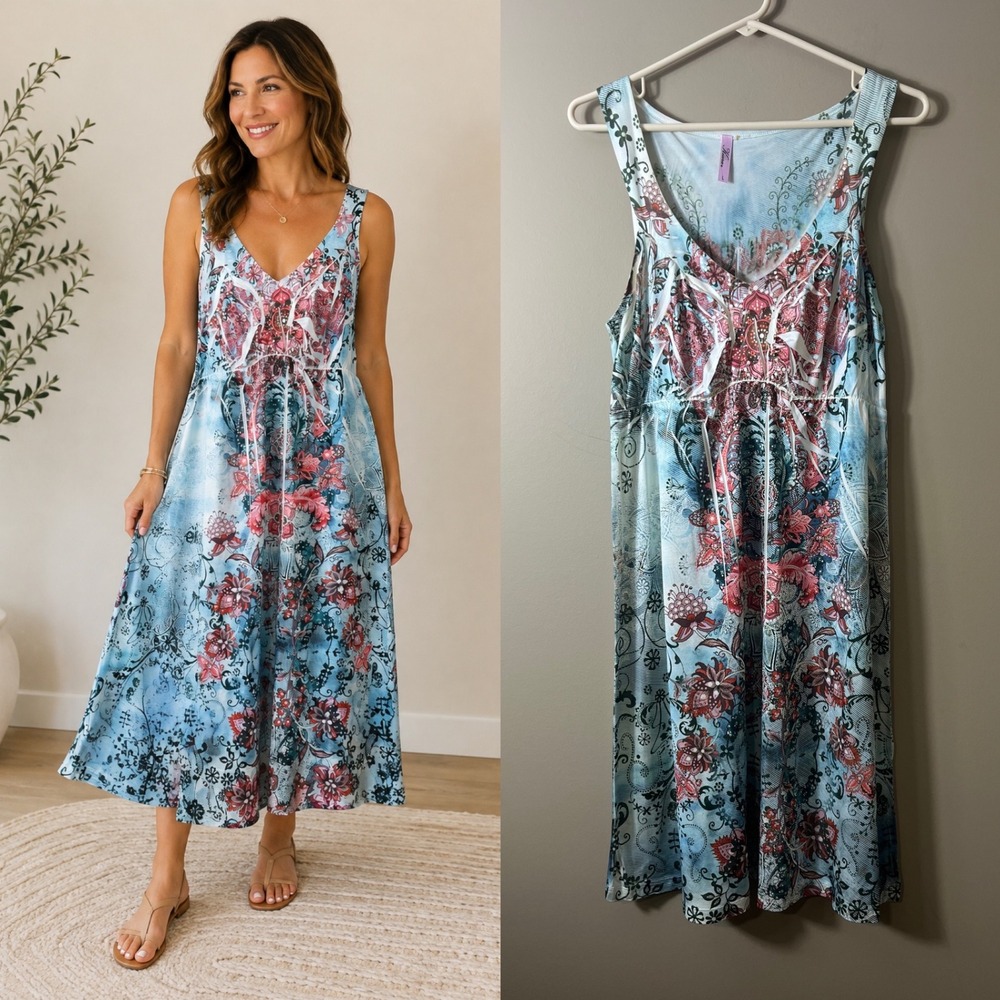 Kiara Boho Paisley Floral V-Neck Empire Waist Midi Dress Blue Coral Large Fairy